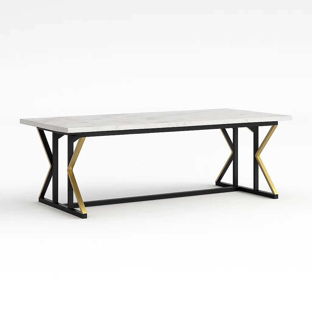 Rechteckiger Marmor-Esstisch mit schwarzem und goldenem Metallgestell