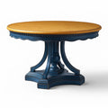 Runder Holztisch mit Eichenplatte und lackiertem Gestell, Blau und Naturholz, 120 cm