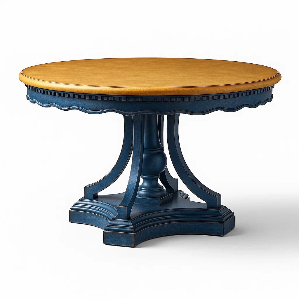 Runder Holztisch mit Eichenplatte und lackiertem Gestell, Blau und Naturholz, 120 cm