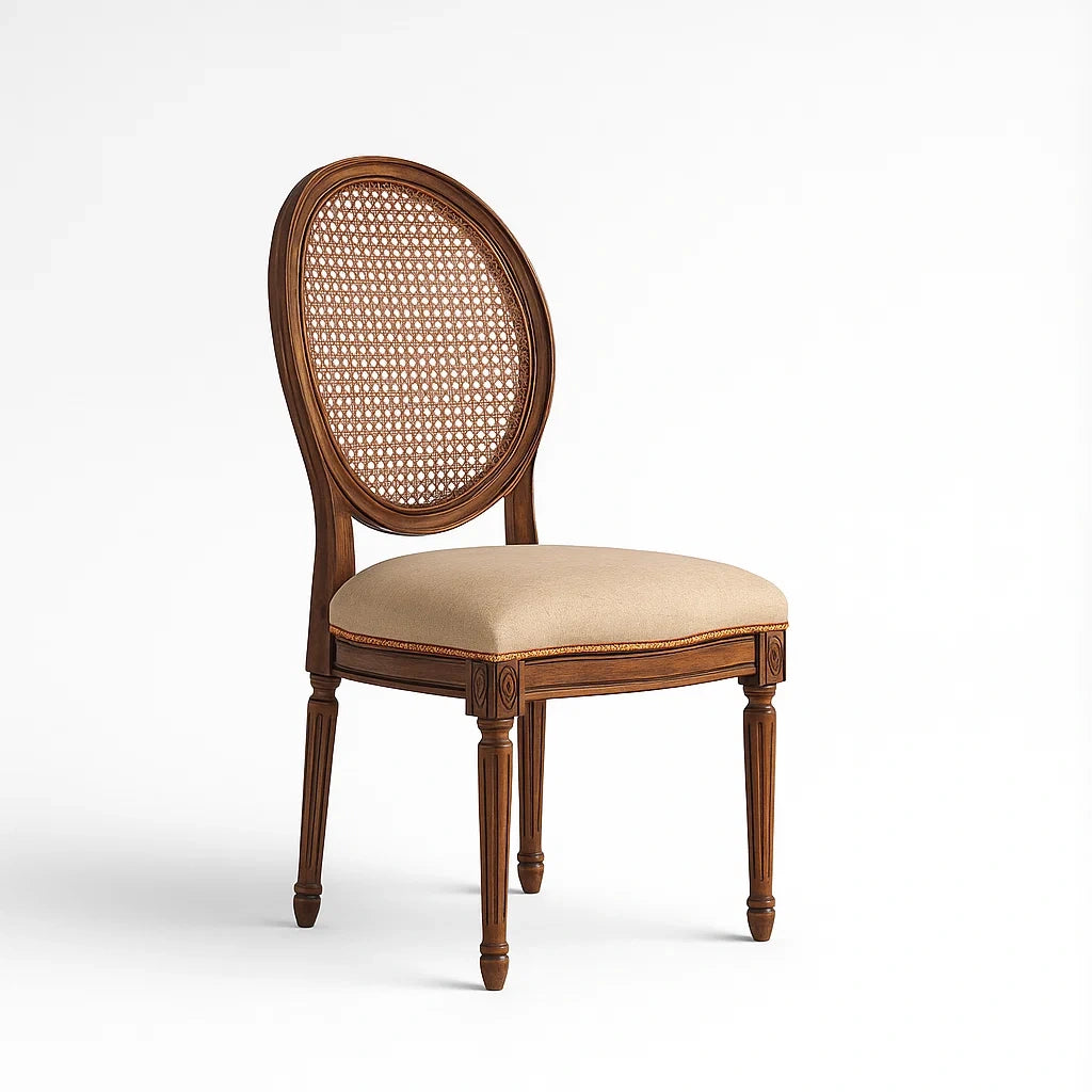 Esszimmerstuhl Holz Rattan Beige Leinen