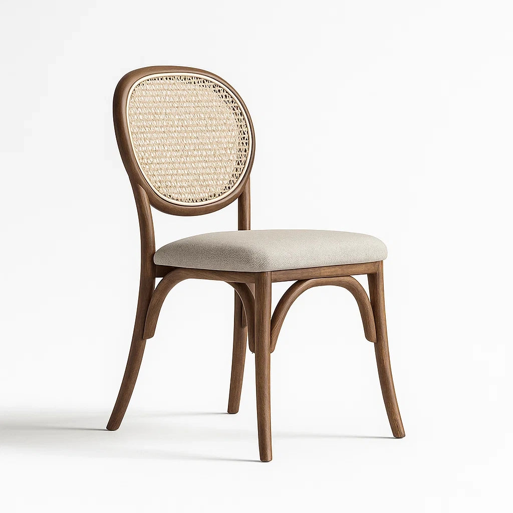 Esszimmerstuhl Holz mit Rattan-Geflecht und Polstersitz Beige