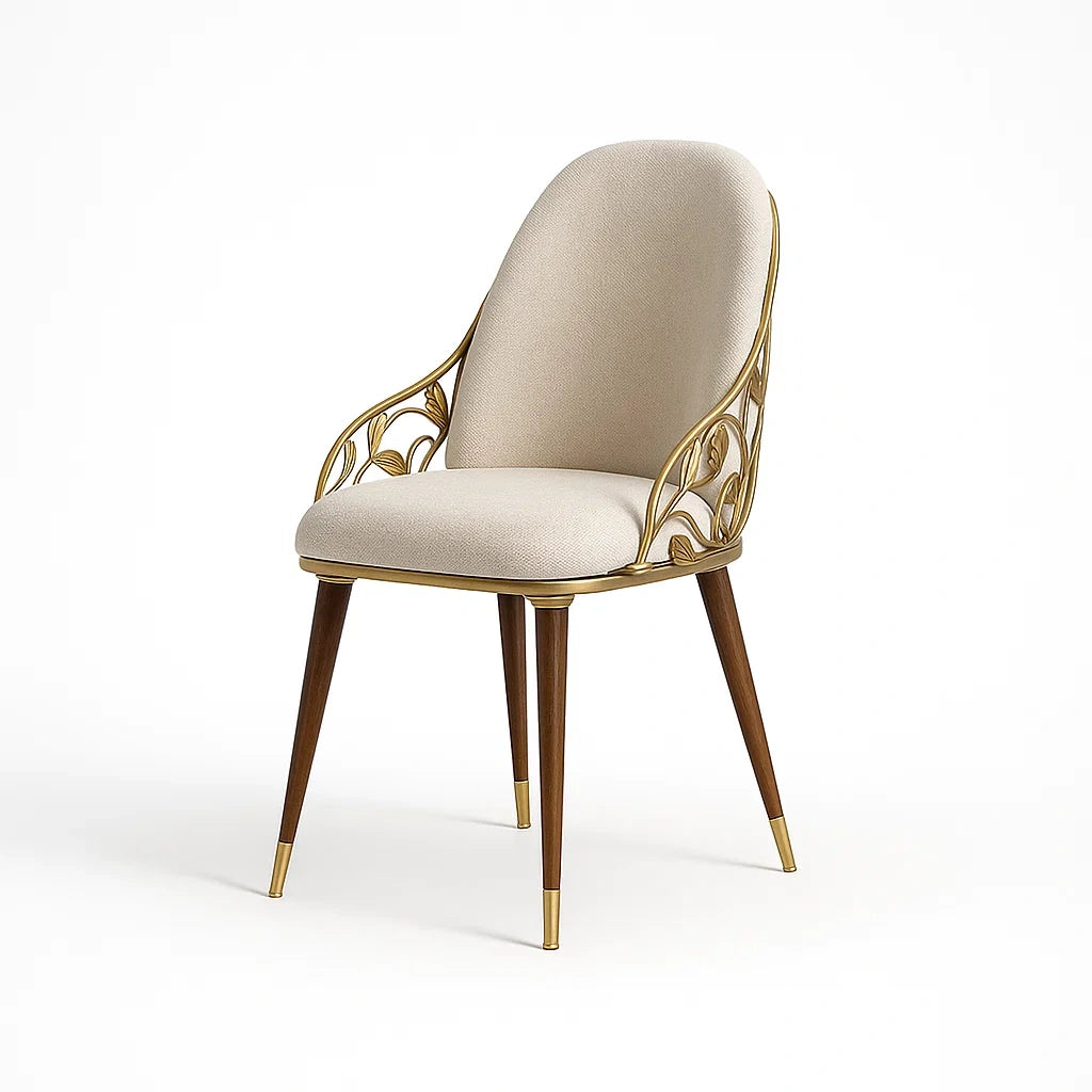 Esszimmerstuhl aus Metall und Holz mit gewebtem Polster in Beige