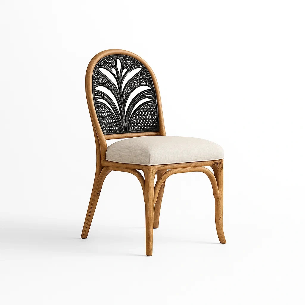 Rattanstuhl mit Baumwollpolster, Teakholz/Schwarz