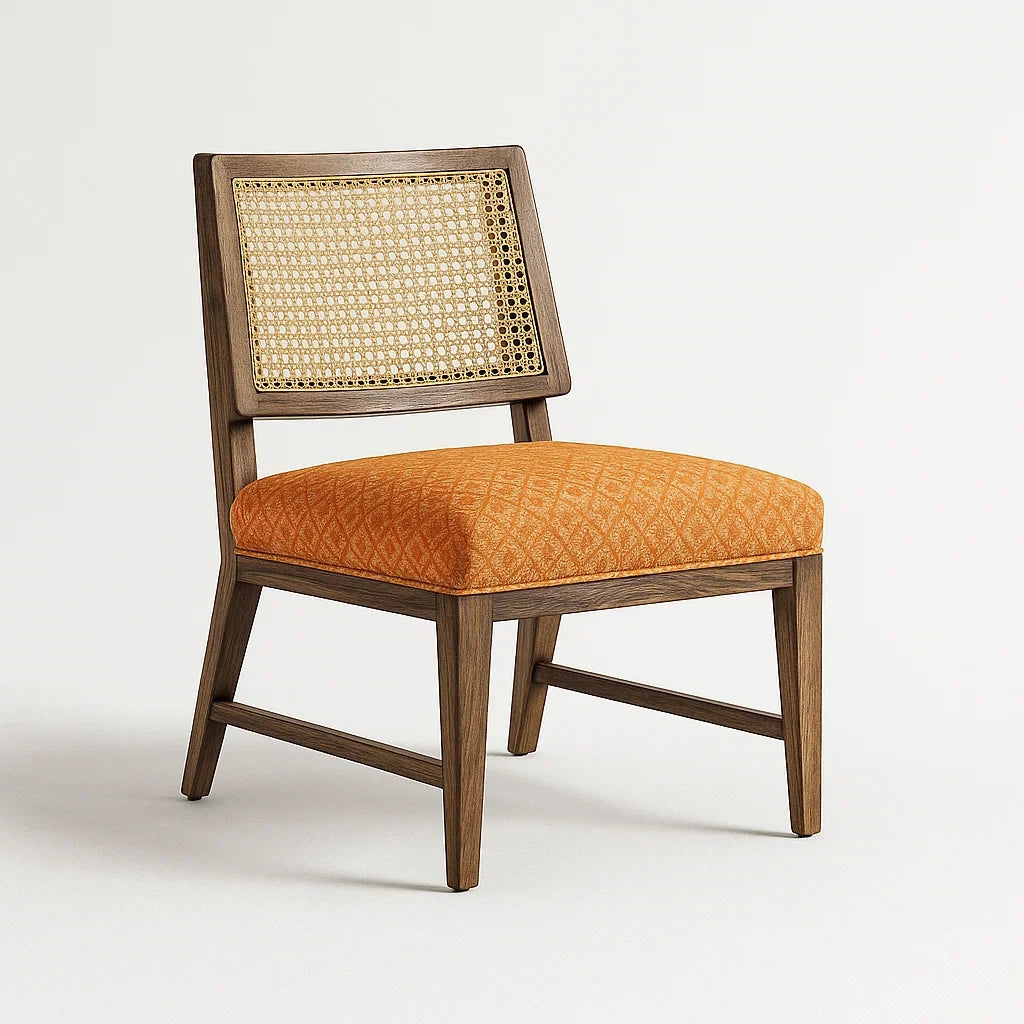 Esszimmerstuhl Holz mit Rattan und orangefarbenem Stoffkasten