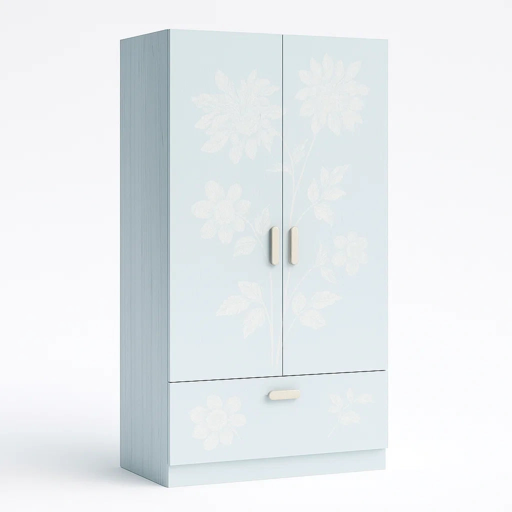 Kleiderschrank mit 2 Türen und 1 Schublade, Hellblau, MDF, 180cm
