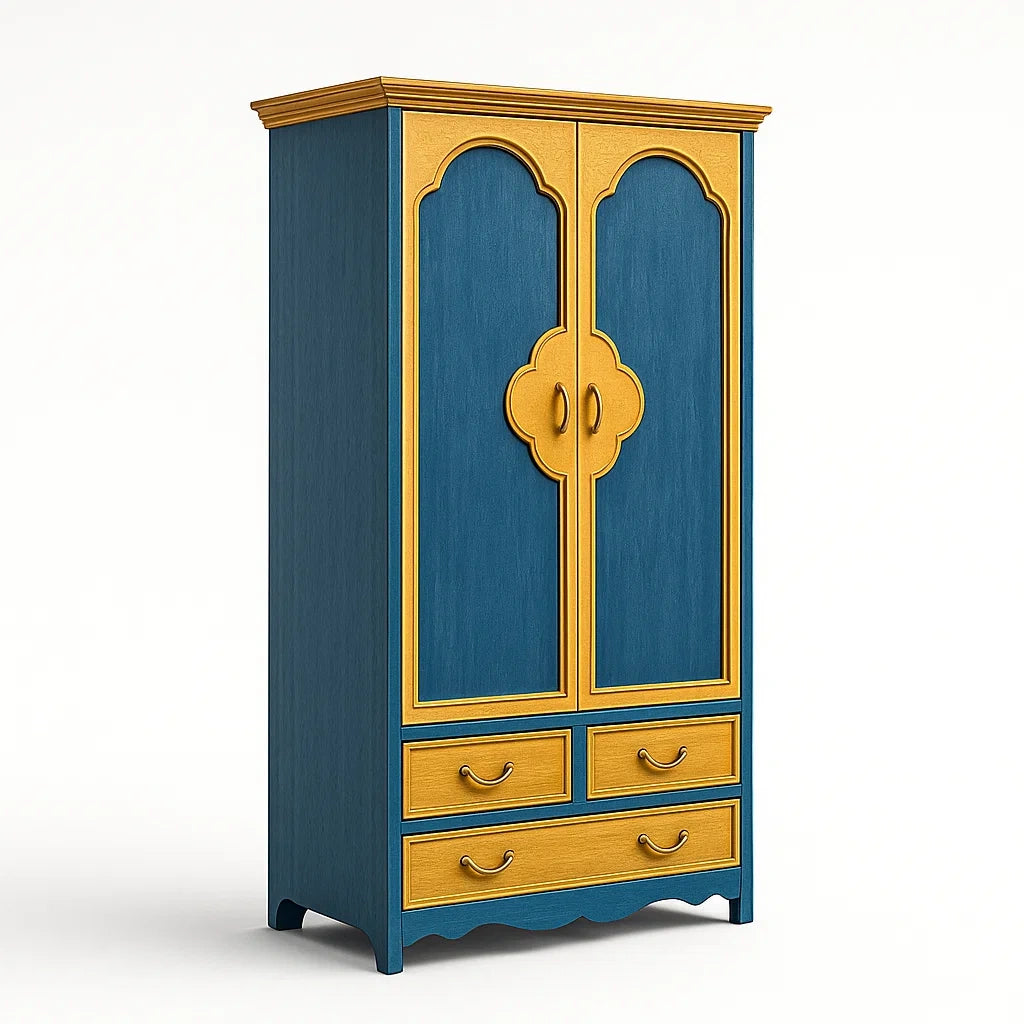 Kleiderschrank Holz Blau Gelb mit Schubladen 180x90x50cm