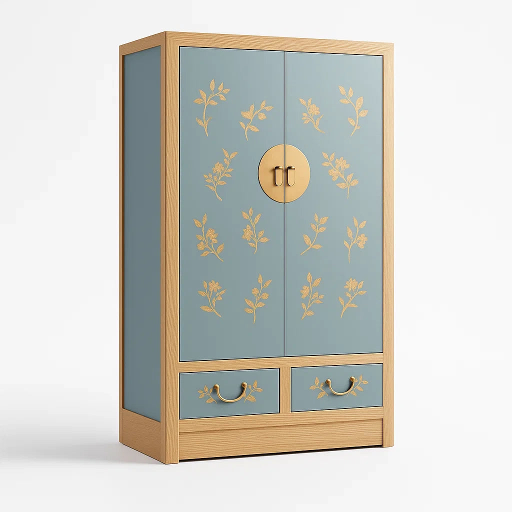 Holzschrank mit floralen Mustern, Blau/Gold, 180 cm