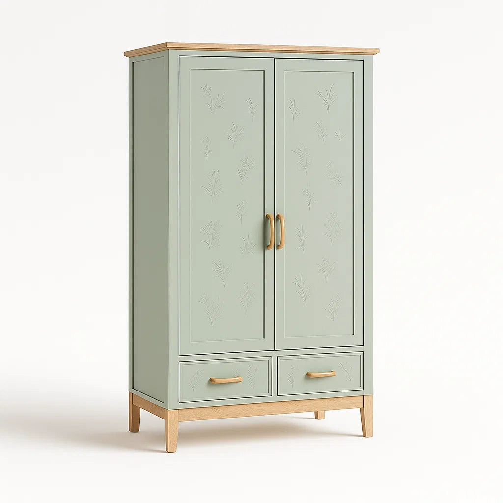 Kleiderschrank mit 2 Türen und 2 Schubladen aus MDF und Eiche, Grün