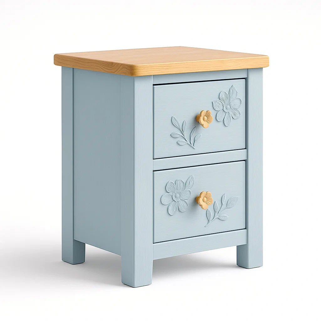 Holznachttisch mit Blumenverzierung Blau 2 Schubladen