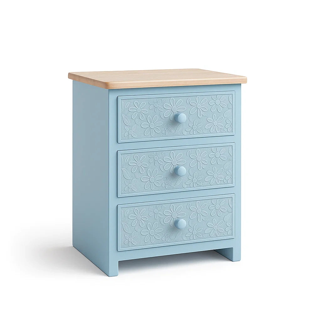 Kinderkommode mit 3 Schubladen Blumenmuster Hellblau MDF