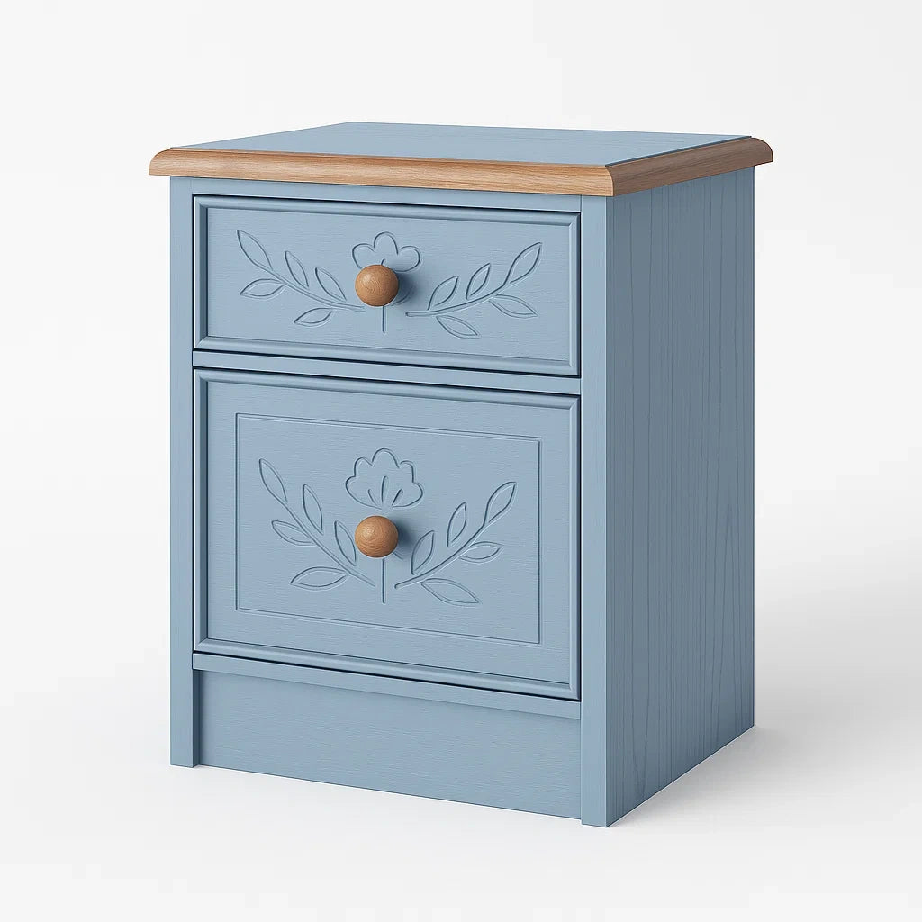 Holz Nachttisch Blau mit Blumenschnitzerei und 2 Schubladen